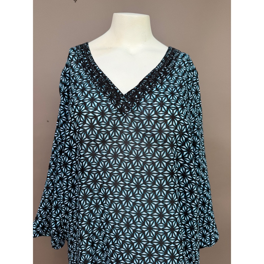 Lands End XL Blue Geometric Cotton V-Neck Kaftan Beach Cover Up Tunic Dress 18 - Picture 2 of 14